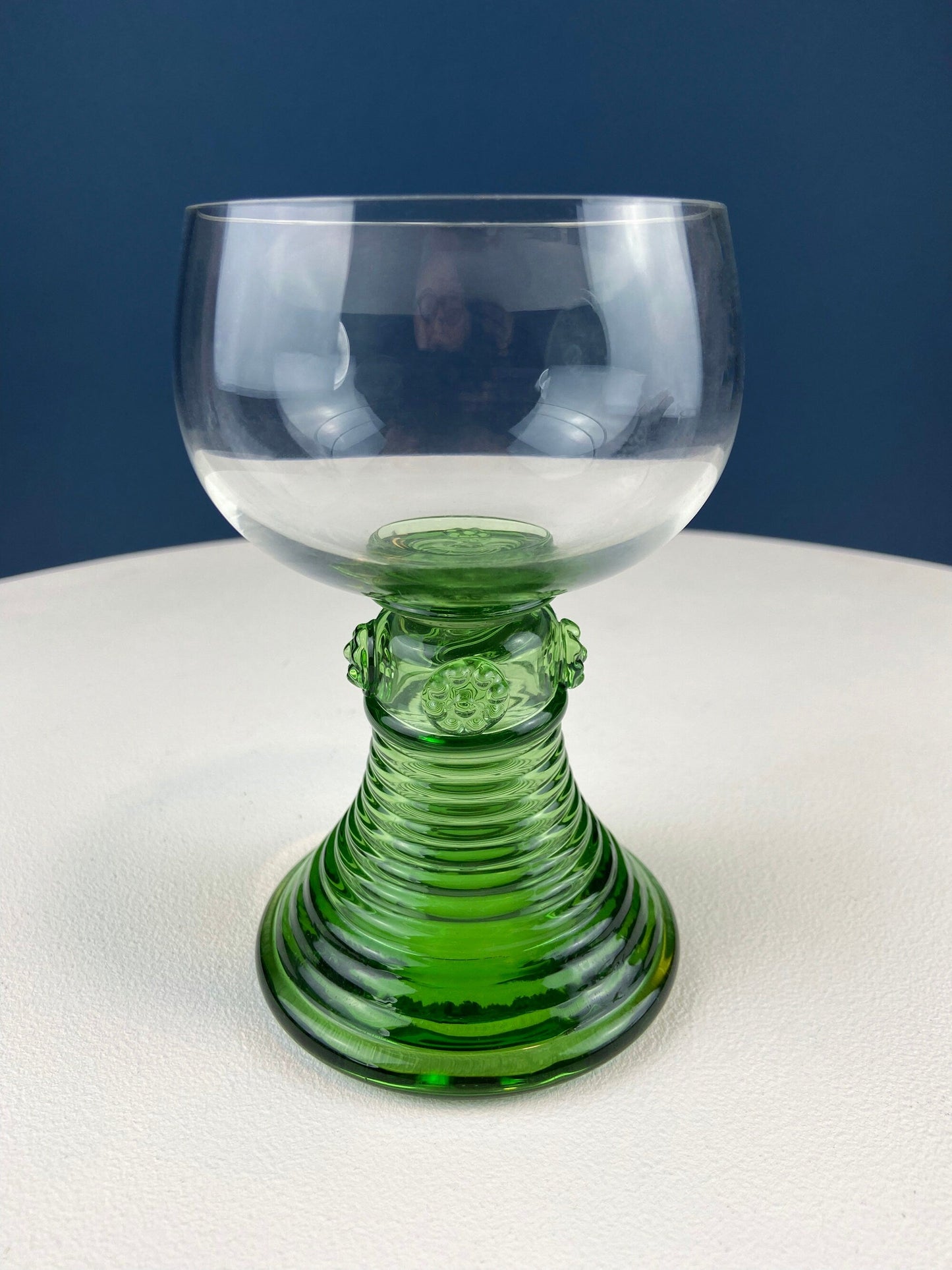 Hand Blown Wine, Water or Margarita Goblets. 6 Clear Bowls with Green Ribbed Stems. Roemer Green by CRISTAL D'ARQUES-DURAND. Wedding Gift.