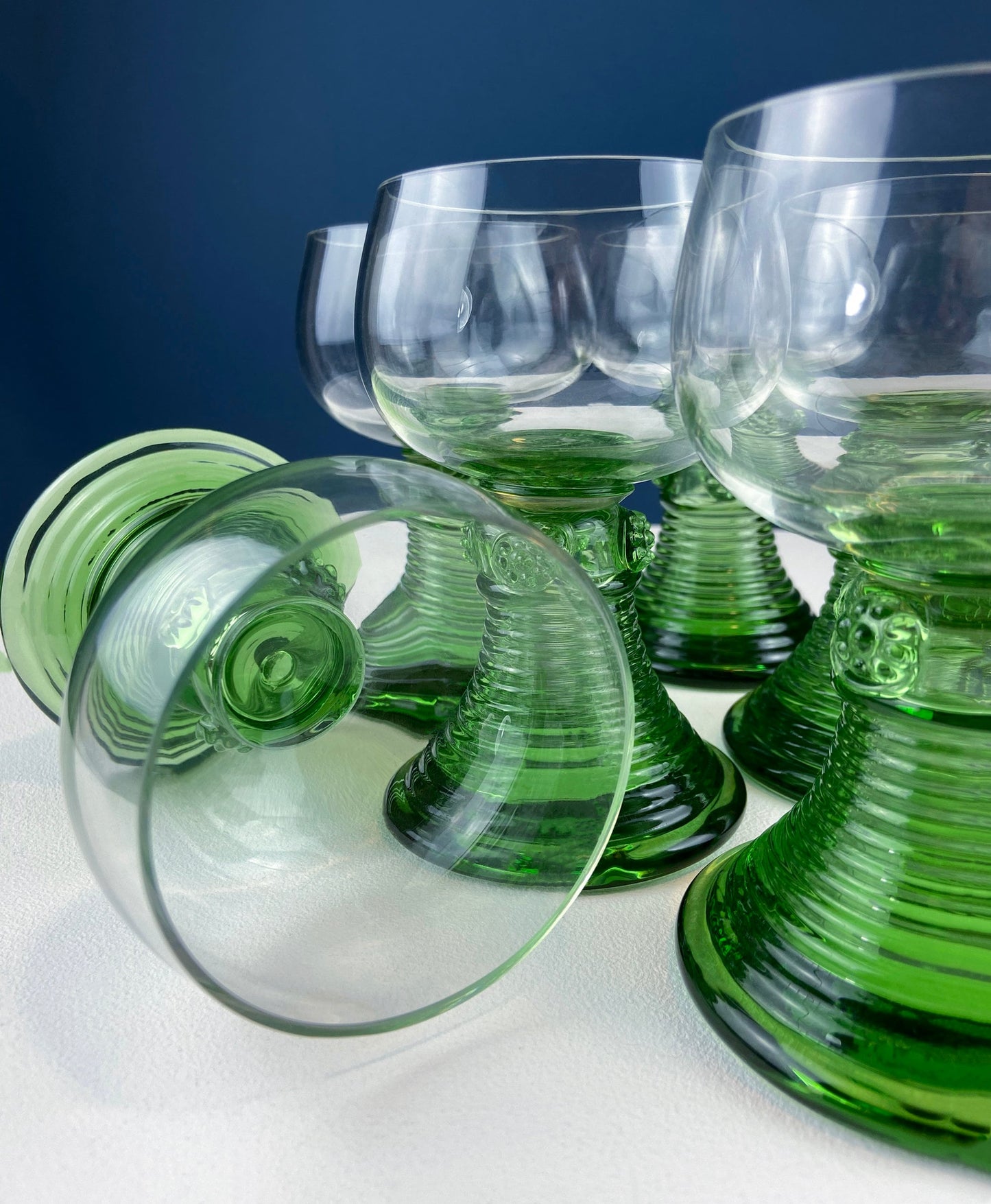 Hand Blown Wine, Water or Margarita Goblets. 6 Clear Bowls with Green Ribbed Stems. Roemer Green by CRISTAL D'ARQUES-DURAND. Wedding Gift.