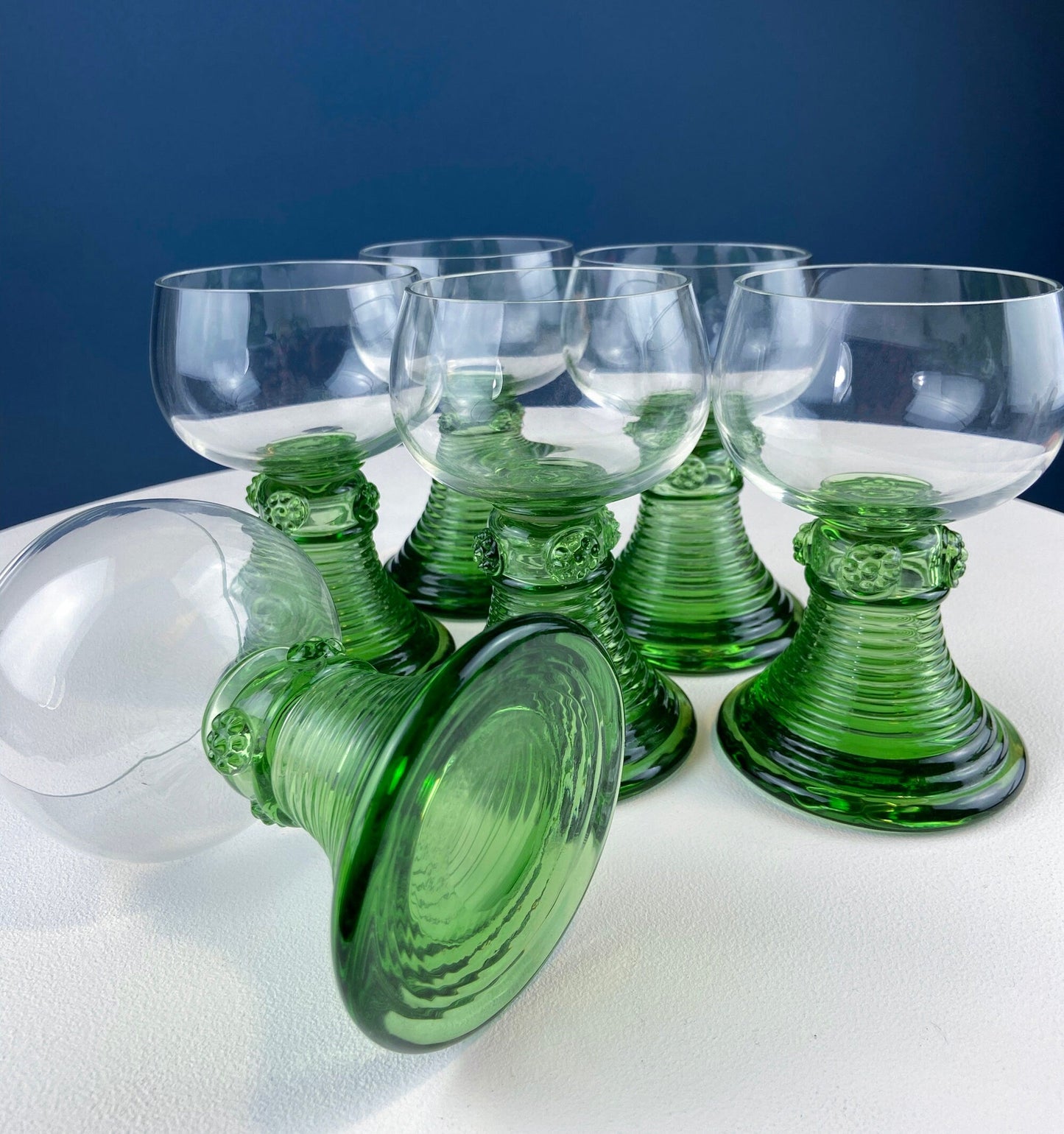 Hand Blown Wine, Water or Margarita Goblets. 6 Clear Bowls with Green Ribbed Stems. Roemer Green by CRISTAL D'ARQUES-DURAND. Wedding Gift.