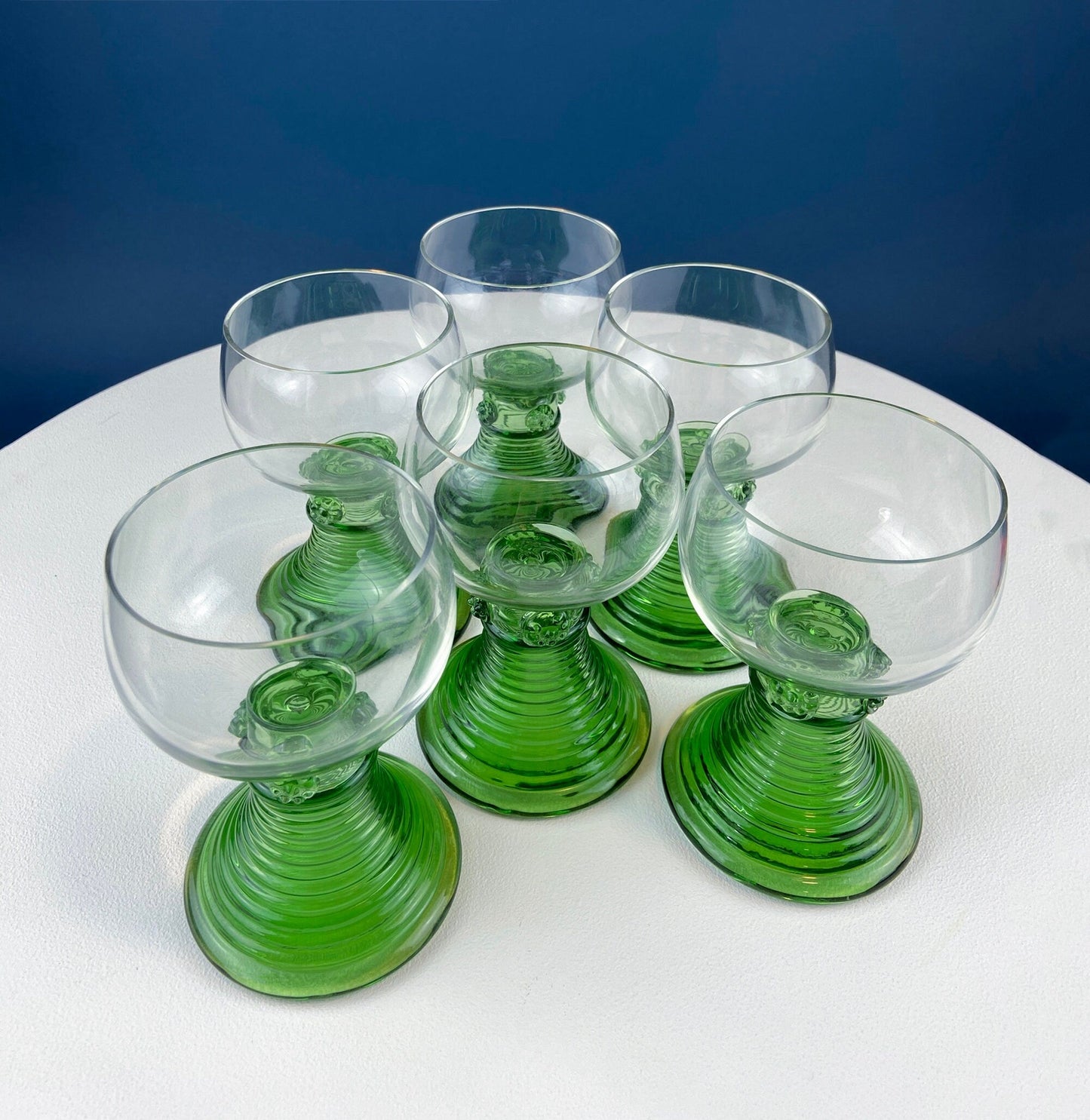 Hand Blown Wine, Water or Margarita Goblets. 6 Clear Bowls with Green Ribbed Stems. Roemer Green by CRISTAL D'ARQUES-DURAND. Wedding Gift.