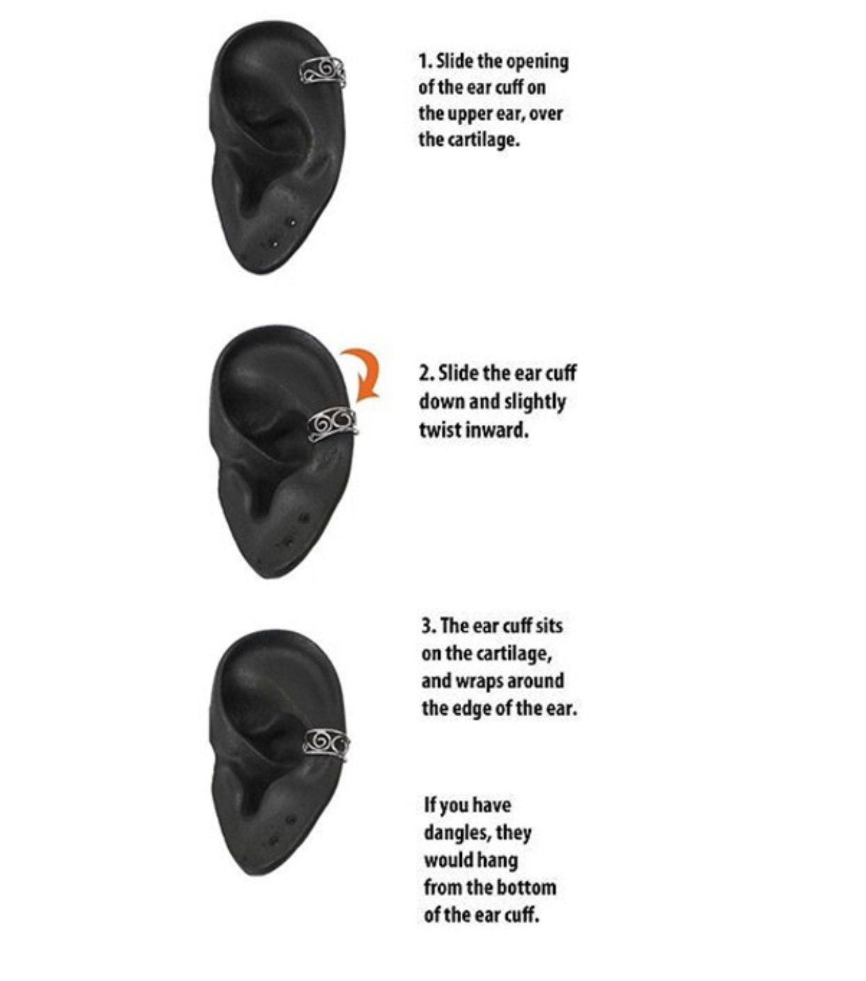 Instructional diagram showing three steps for sliding and wearing a black ear cuff over an illustrated ear, with numbered text instructions on a white background.