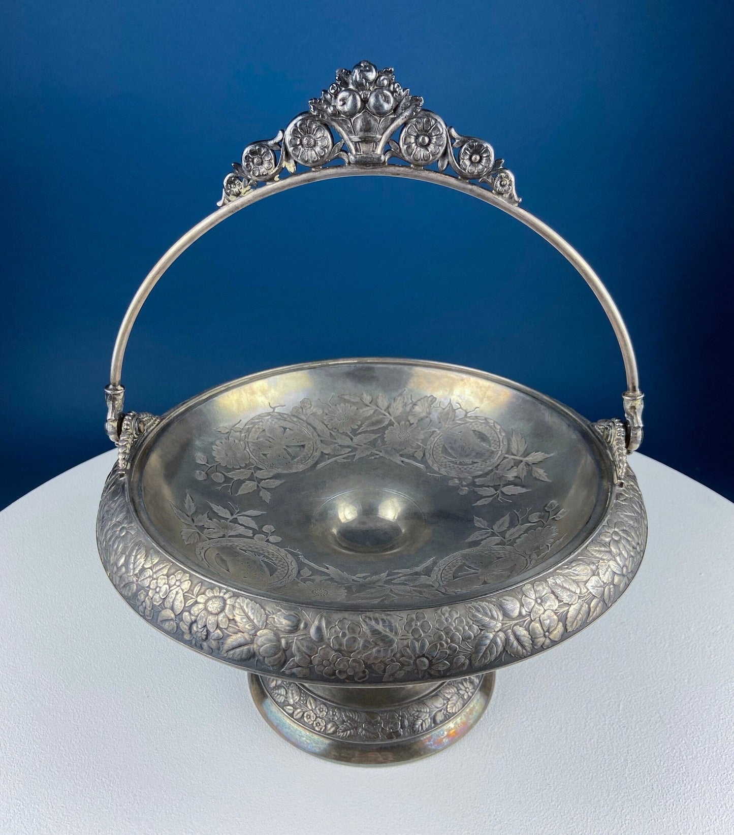 Victorian Silver Plated Fruit Pedestal with Handle. Bridal Basket. Stunning Butterflies & Flowers Relief. Table Holiday Centerpiece.