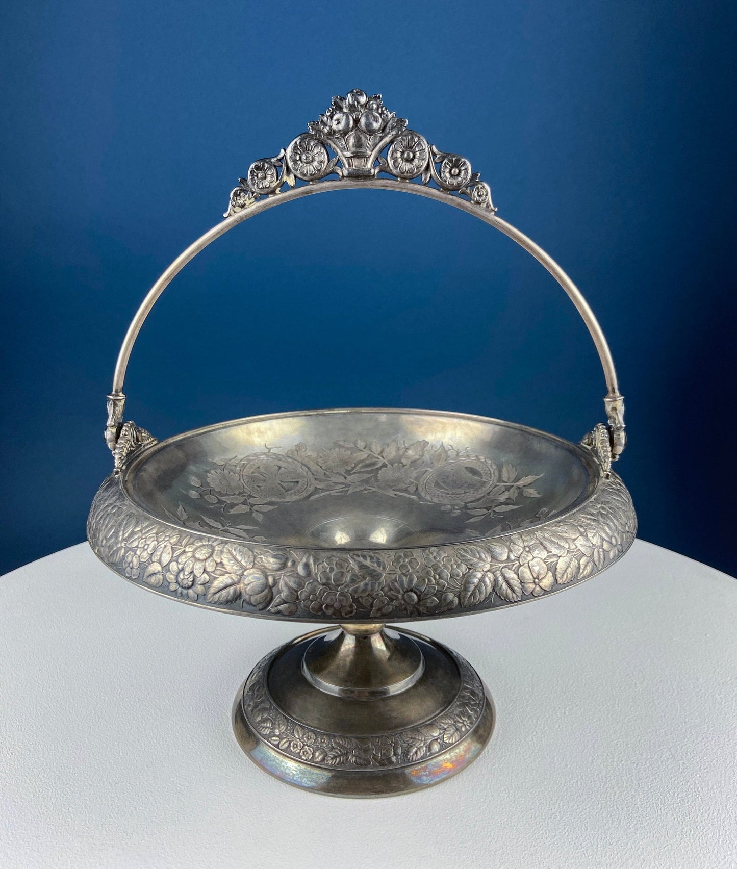 Victorian Silver Plated Fruit Pedestal with Handle. Bridal Basket. Stunning Butterflies & Flowers Relief. Table Holiday Centerpiece.