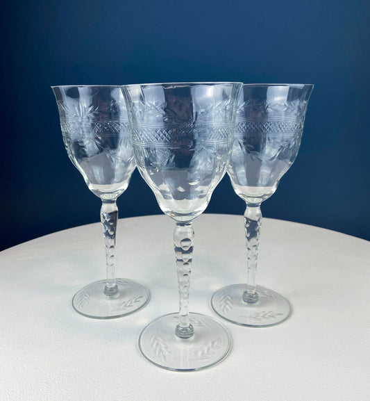 8 Vintage Wine or Water Goblets with Floral Cut Motif & Horizontal Band. Blown Glass Tall Stemware.