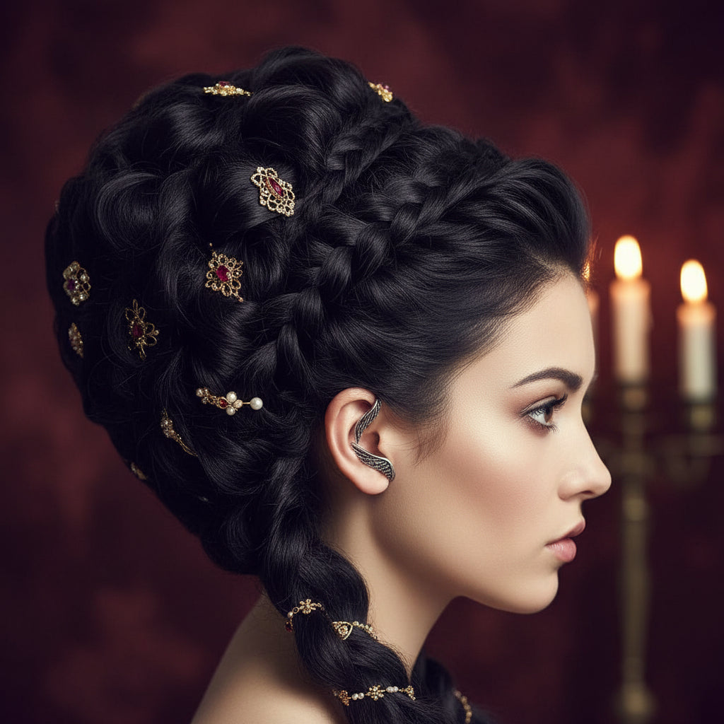 Silver wing-shaped ear cuff worn by a person with dark hair.