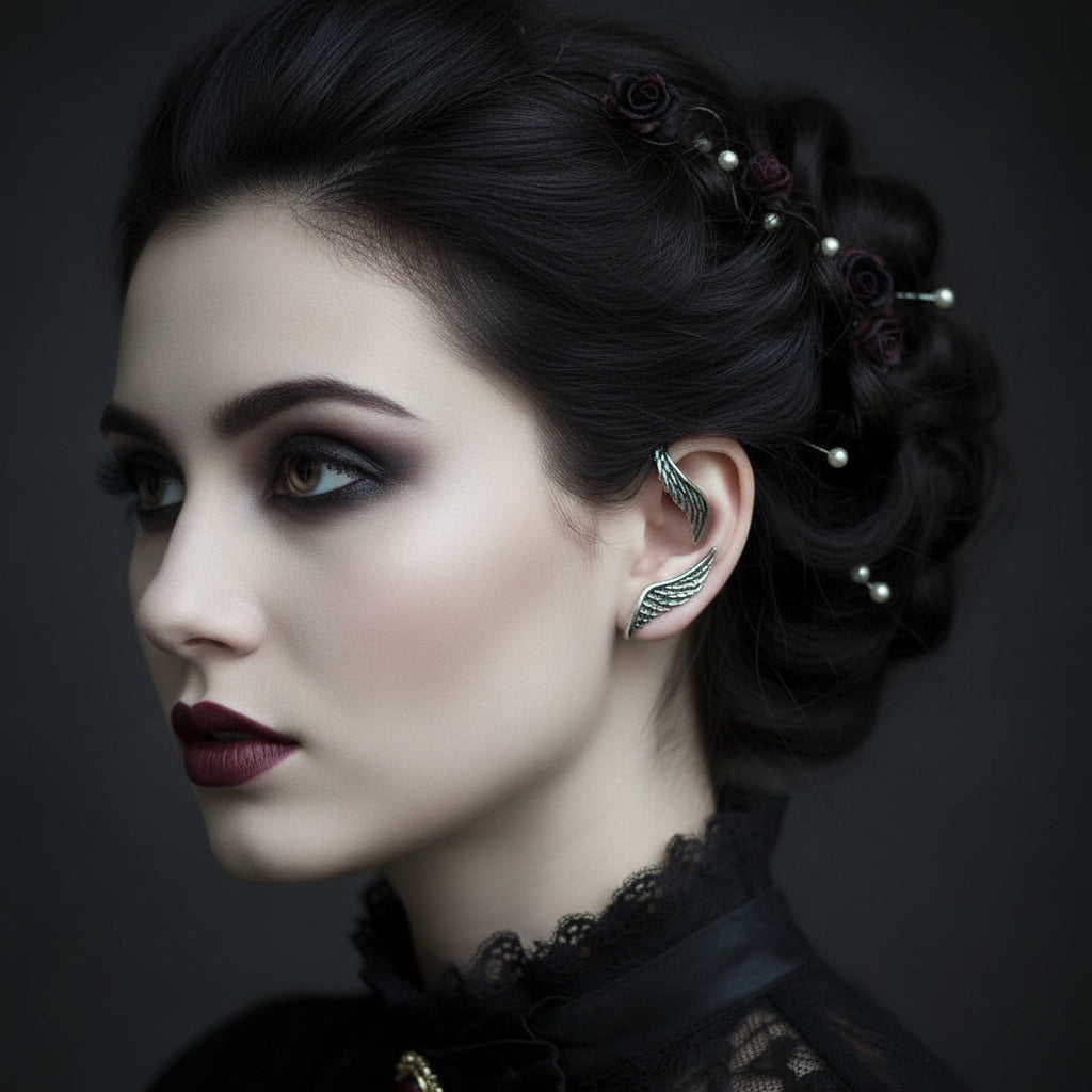 Silver wing-shaped ear cuffs worn by a person with dark hair.