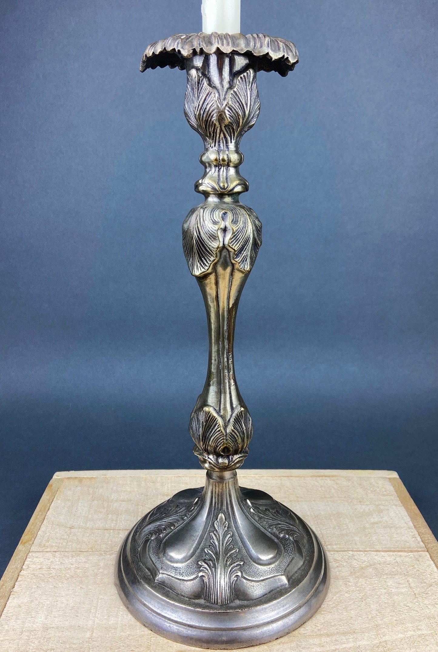 Antique Pillar Candle Holder/Silver Plated Candle Stand/Art Nouveau Relief. Fine Dining.