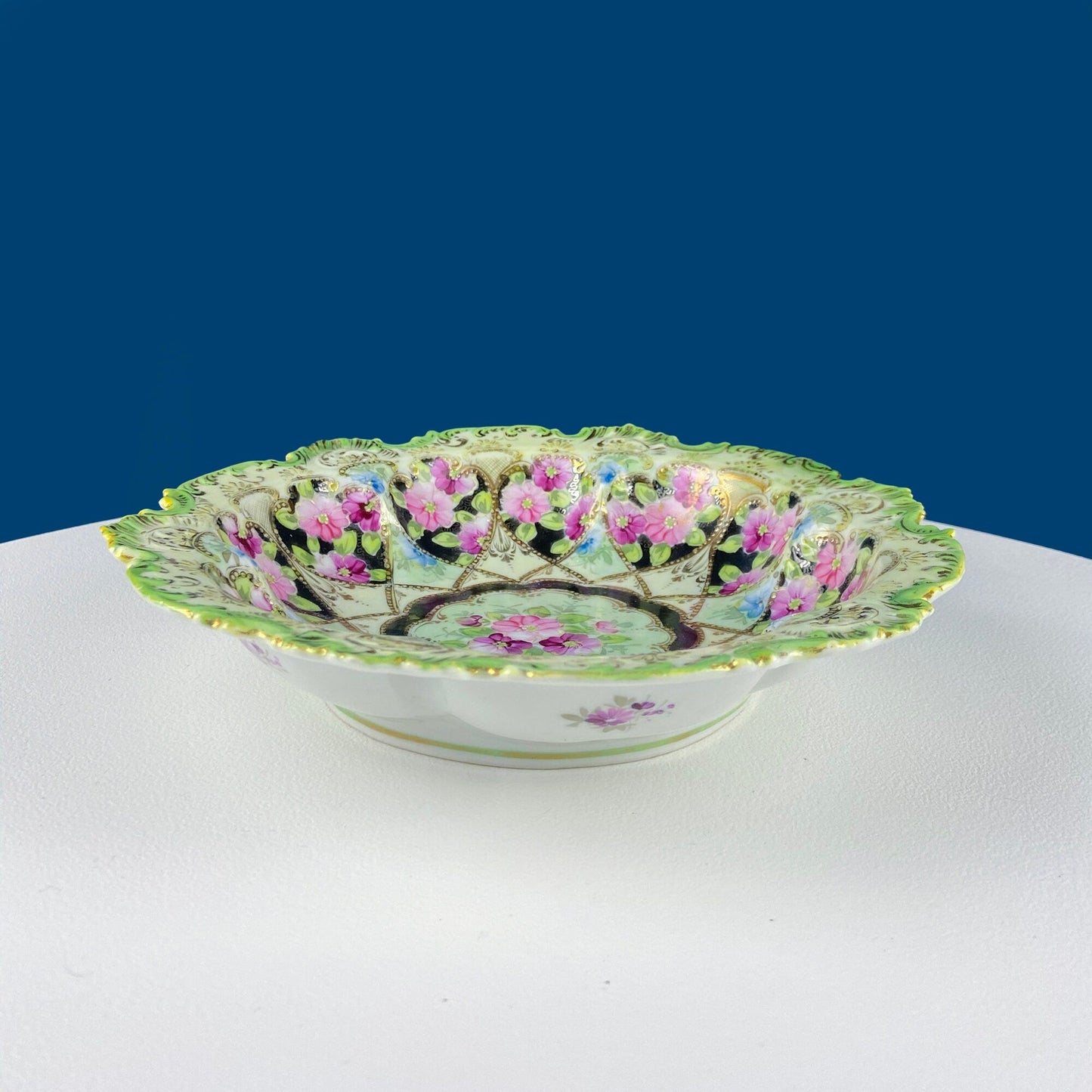 Old Hand Painted Porcelain Serving Bowl or Decorative Victorian Centerpiece with Scalloped Edges. Rich Gold Beaded Framework. Roses Motif.