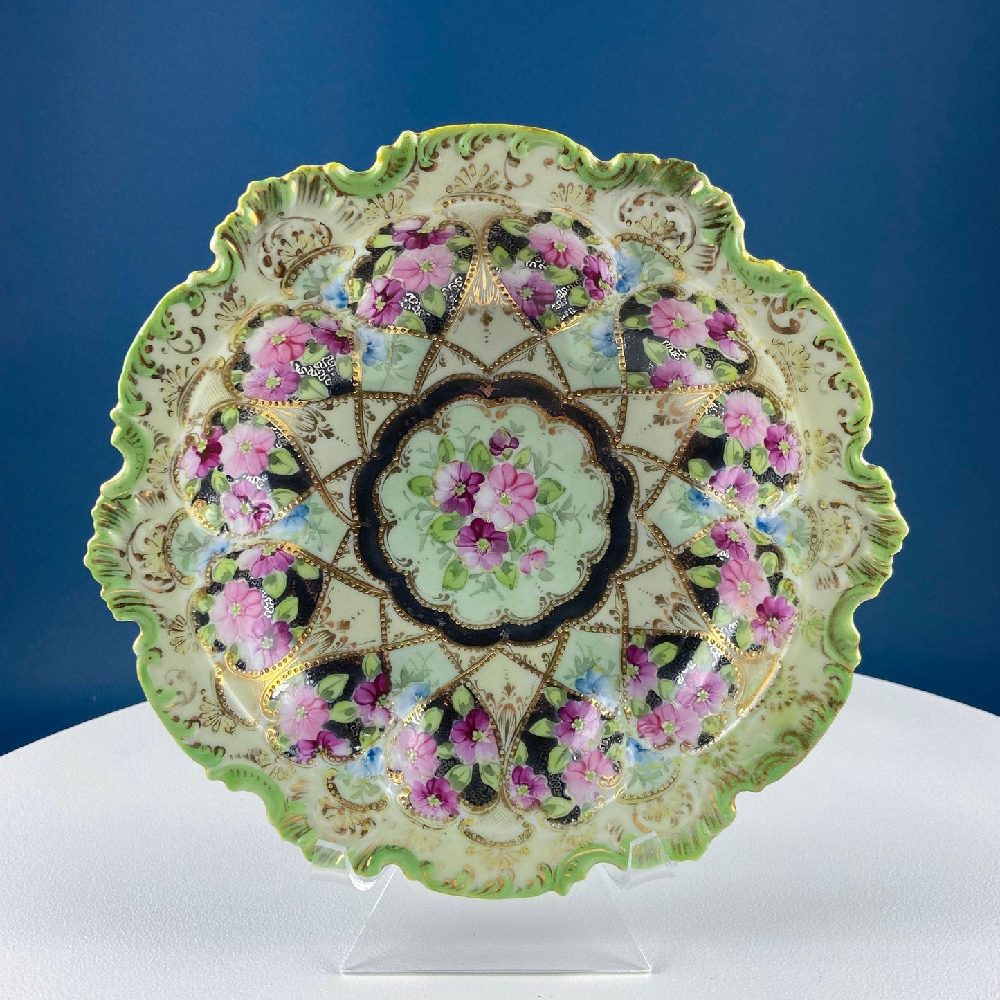 Old Hand Painted Porcelain Serving Bowl or Decorative Victorian Centerpiece with Scalloped Edges. Rich Gold Beaded Framework. Roses Motif.