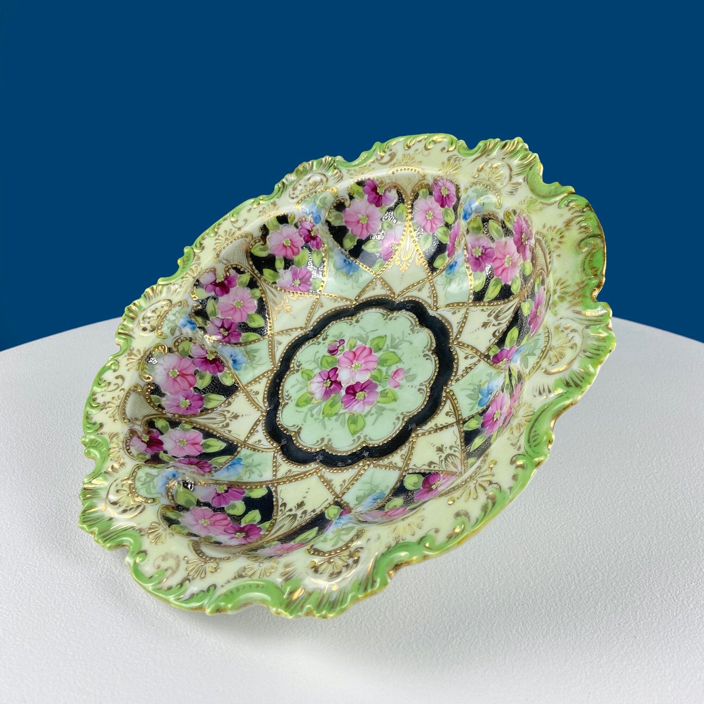 Old Hand Painted Porcelain Serving Bowl or Decorative Victorian Centerpiece with Scalloped Edges. Rich Gold Beaded Framework. Roses Motif.