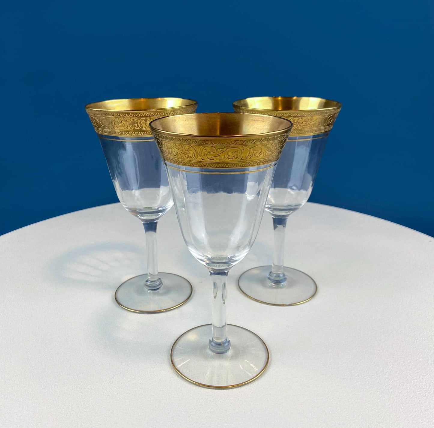 Antique Tiffin Franciscan Wine Goblets with Embossed Gold Rims. Set of 5 Faceted Mid Century Stemware. 24K Gold. Dining Room Decor. Gift for Him Her