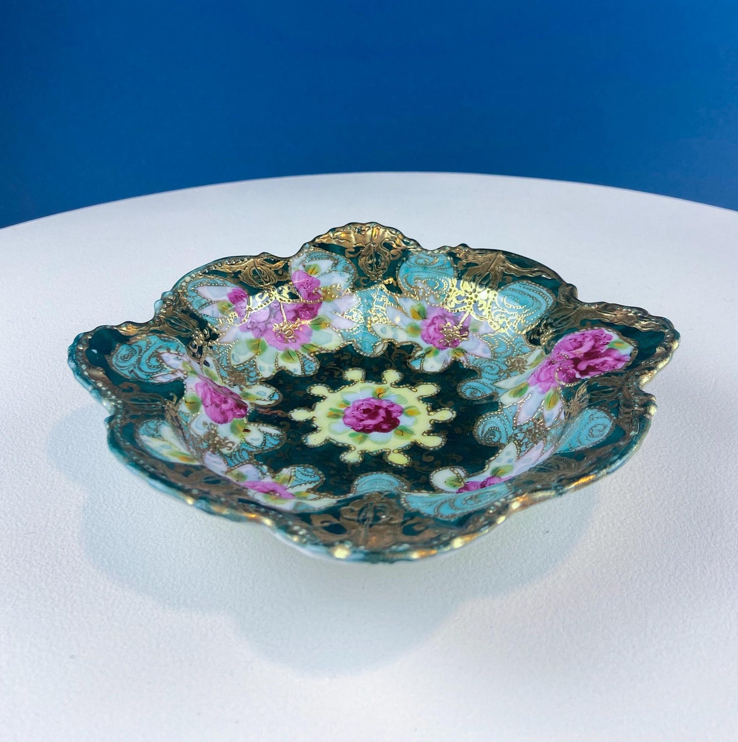 Old Hand Painted Porcelain Serving Bowl or Decorative Victorian Centerpiece with Scalloped Edges. Rich Gold Beaded Framework. Roses Motif.