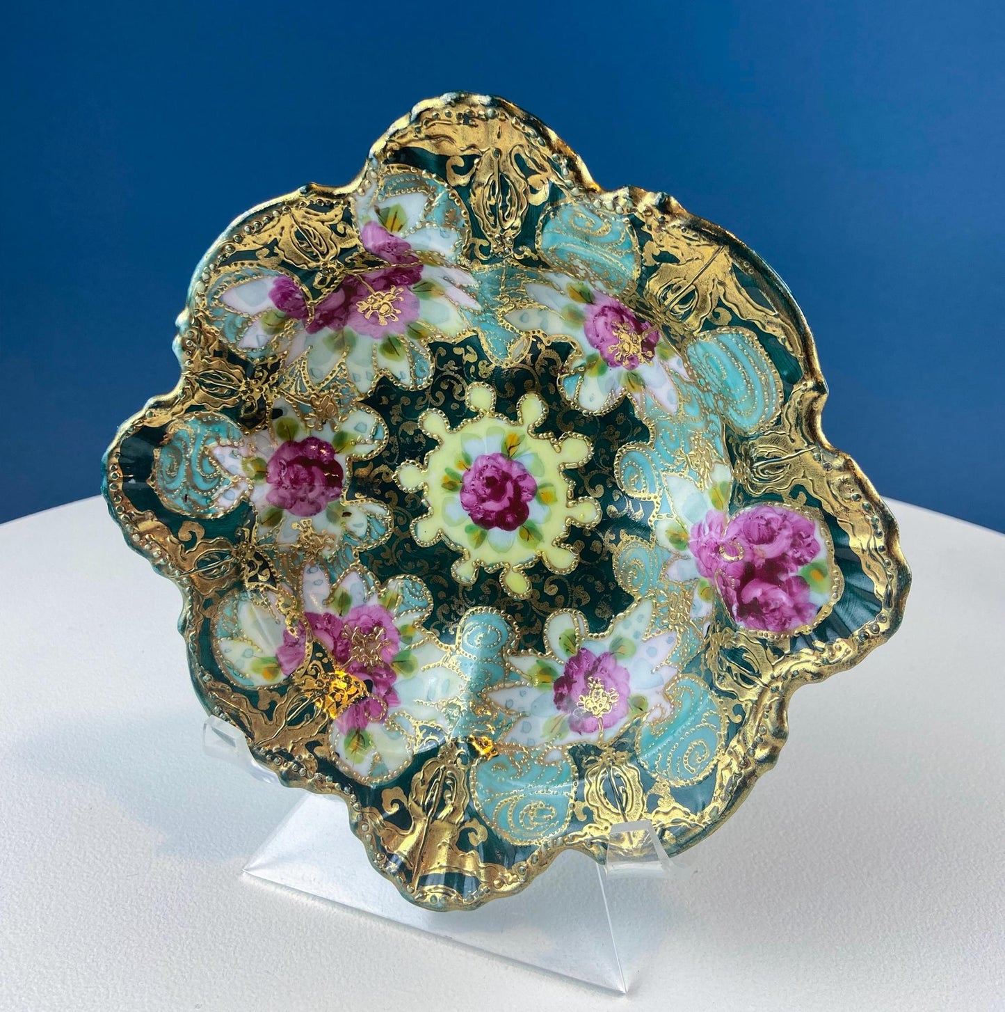 Old Hand Painted Porcelain Serving Bowl or Decorative Victorian Centerpiece with Scalloped Edges. Rich Gold Beaded Framework. Roses Motif.