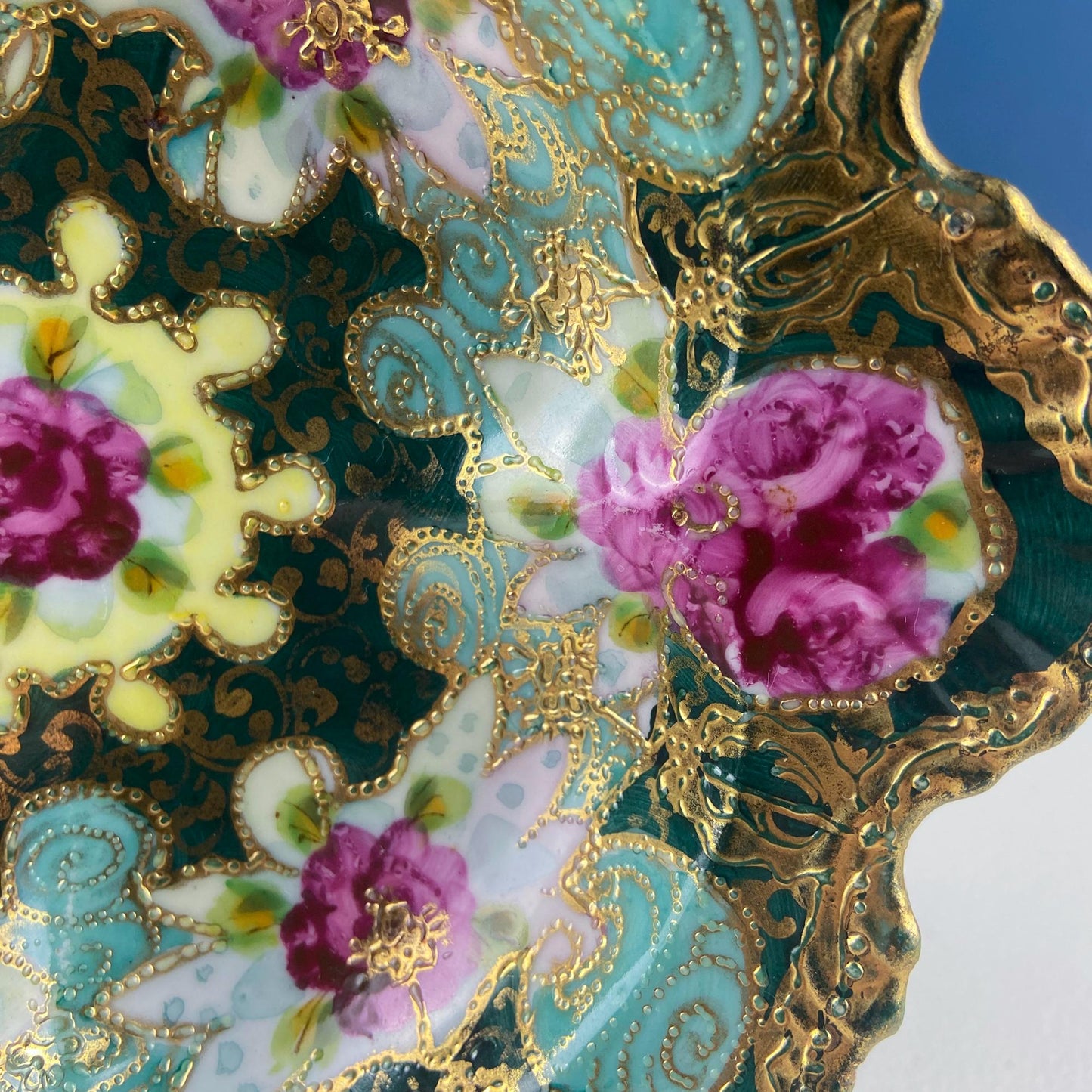 Old Hand Painted Porcelain Serving Bowl or Decorative Victorian Centerpiece with Scalloped Edges. Rich Gold Beaded Framework. Roses Motif.