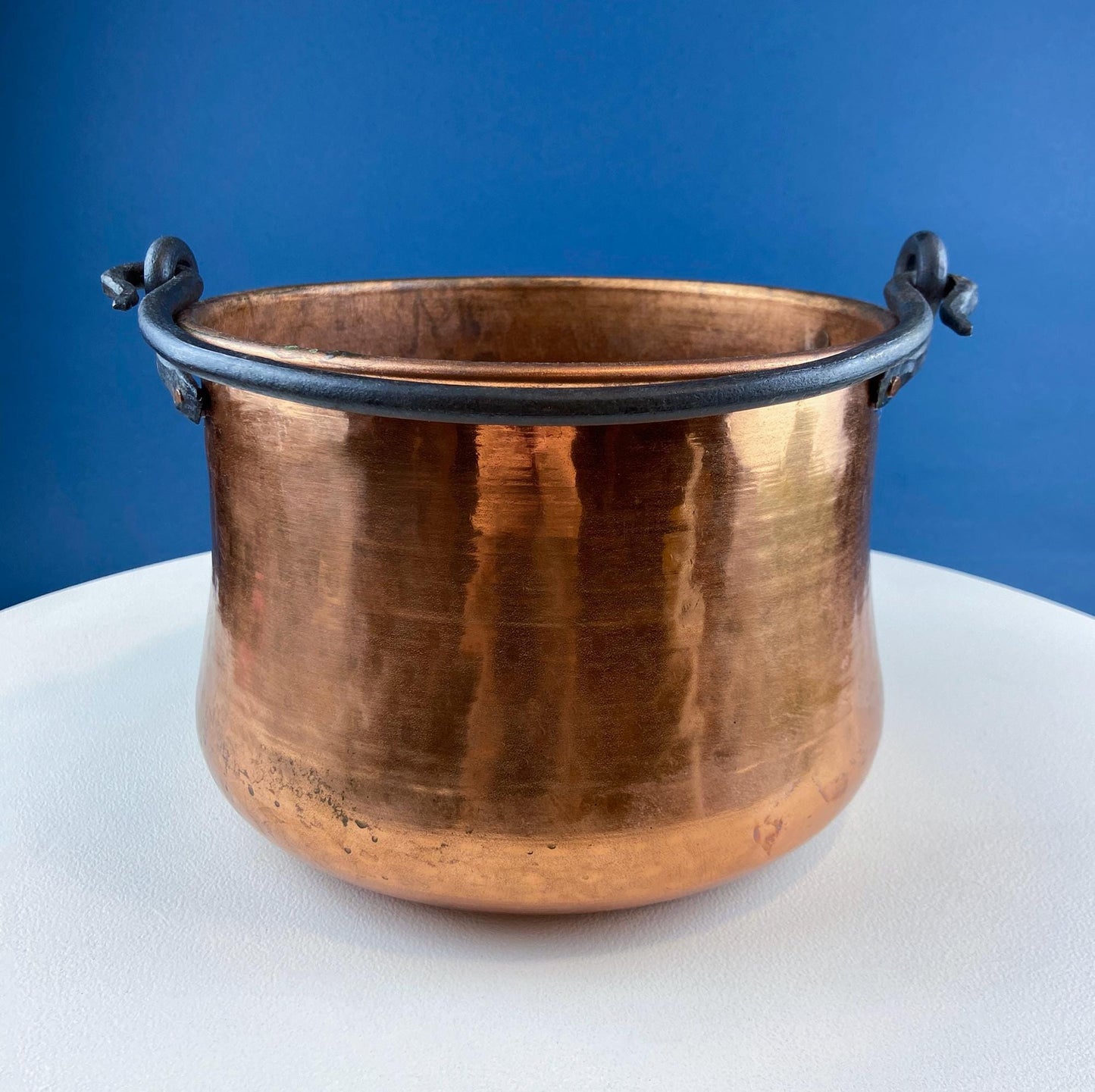 Antique Hand-Hammered Brass Bucket with Wrought Iron Handle: Rustic Farmhouse Decor