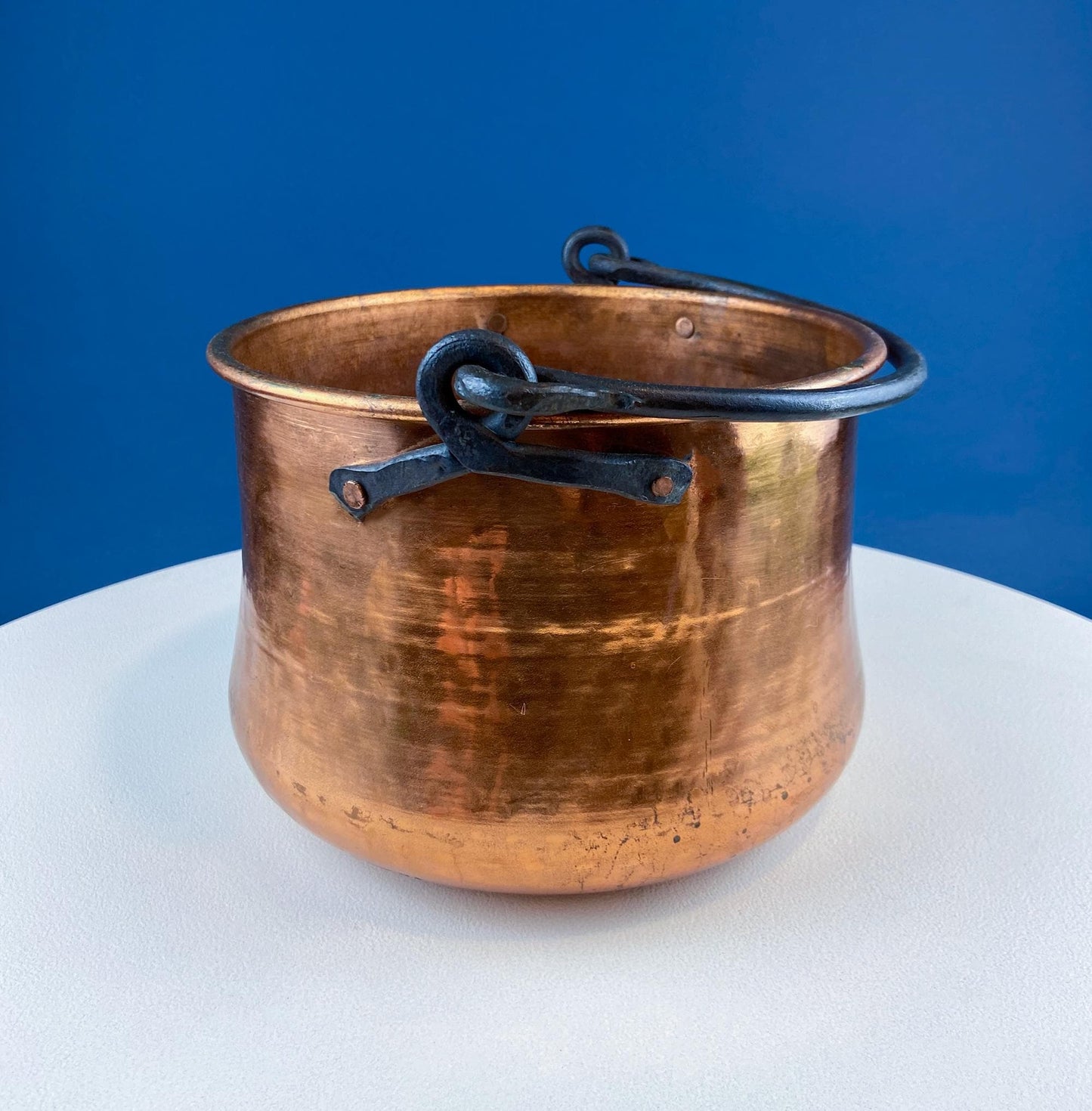 Antique Hand-Hammered Brass Bucket with Wrought Iron Handle: Rustic Farmhouse Decor