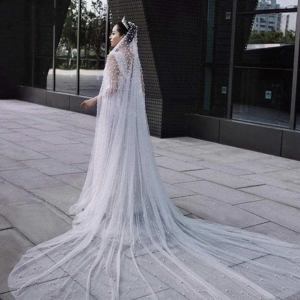 Luxury Heavy Industry Bridal Pearl Veil with Tiara