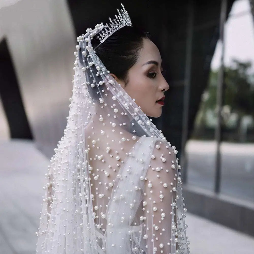 Luxury Heavy Industry Bridal Pearl Veil with Tiara
