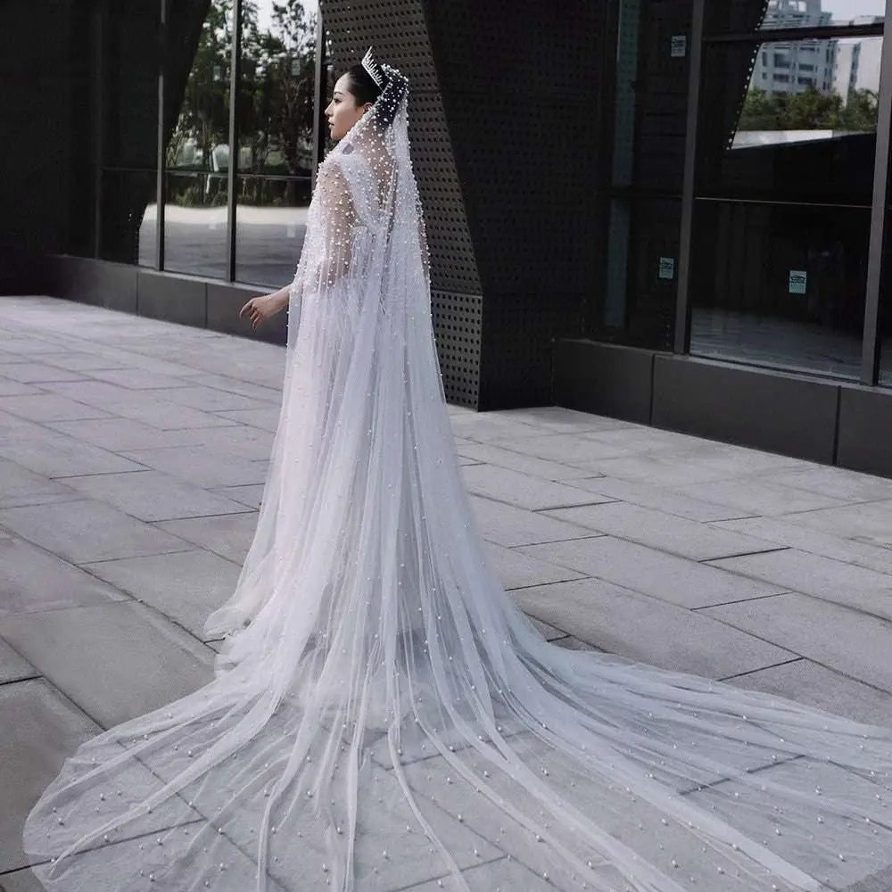 Luxury Heavy Industry Bridal Pearl Veil with Tiara