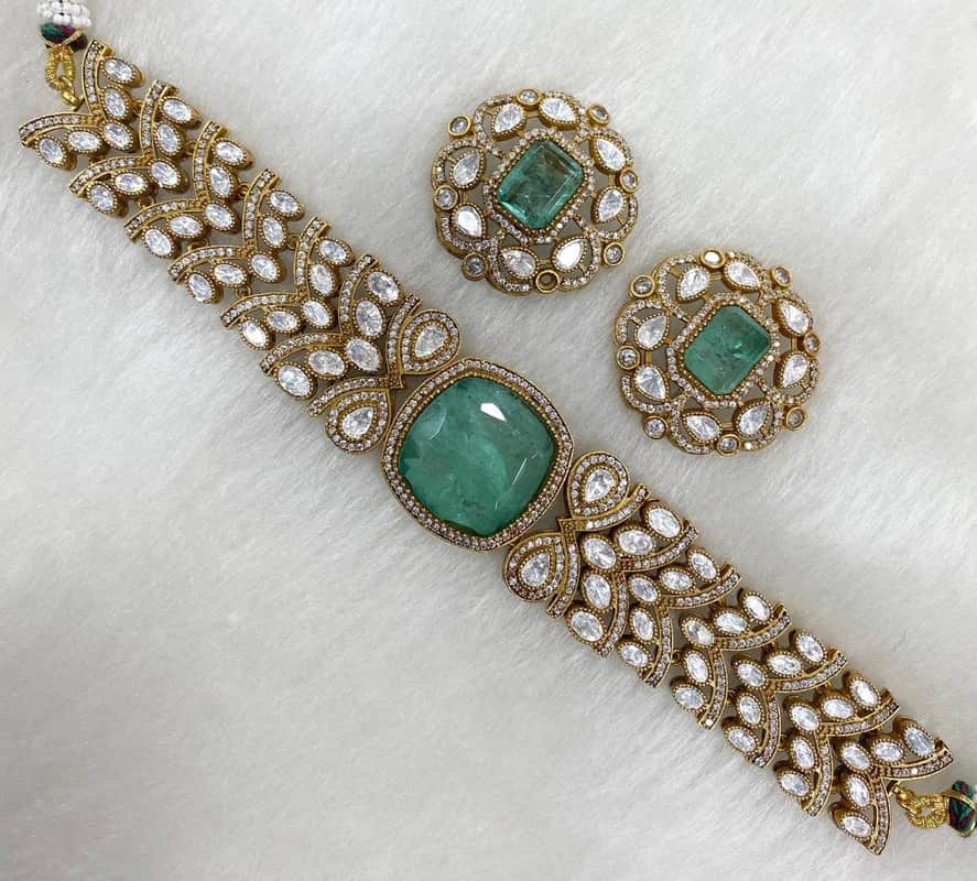 Moisaanite Doublet Natural Stone Designer Chokar Set with Earrings