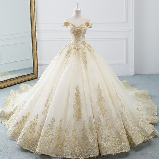 The Immaculate Cathedral Gown | Gold Lace Ball Gown Wedding Dress