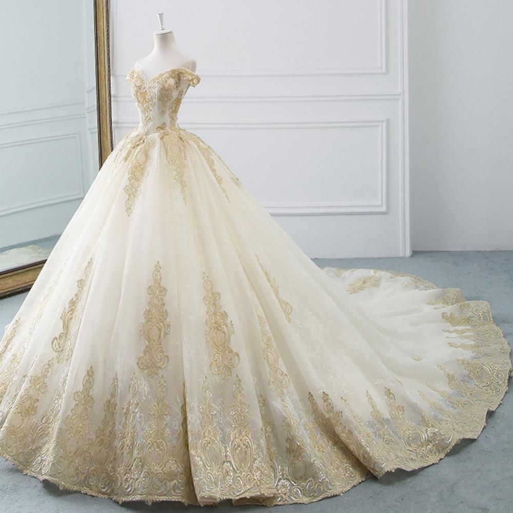 The Immaculate Cathedral Gown | Gold Lace Ball Gown Wedding Dress