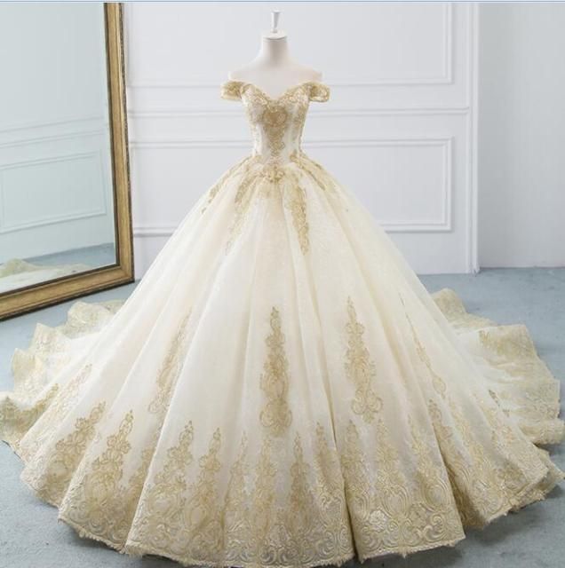 The Immaculate Cathedral Gown | Gold Lace Ball Gown Wedding Dress