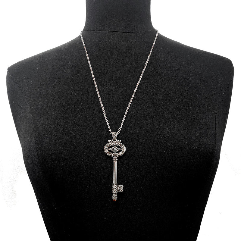 Silver Vintage Key Necklace Pendant Long Chain Charm