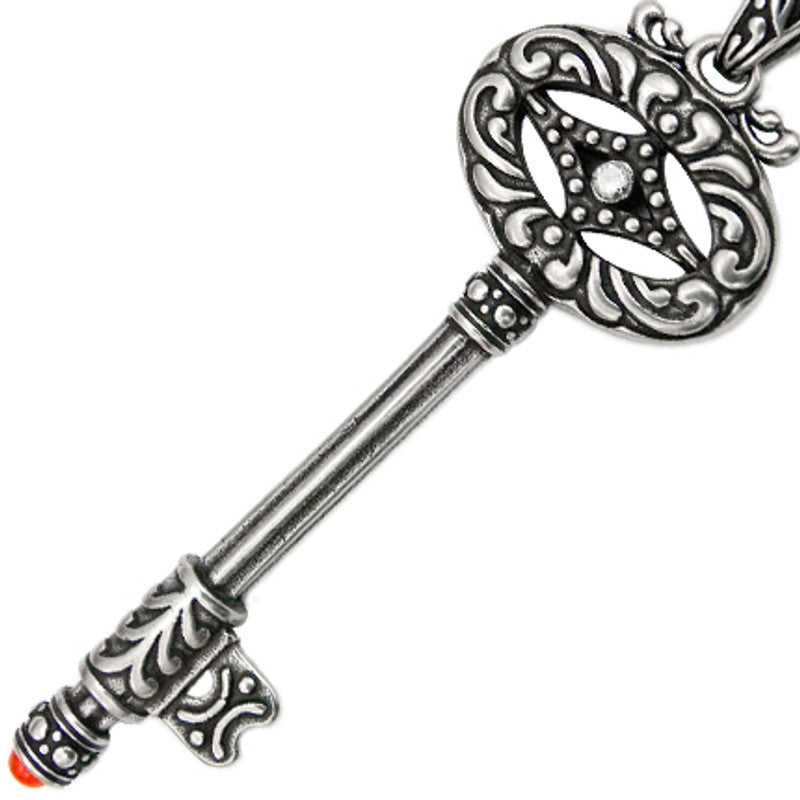 Silver Vintage Key Necklace Pendant Long Chain Charm
